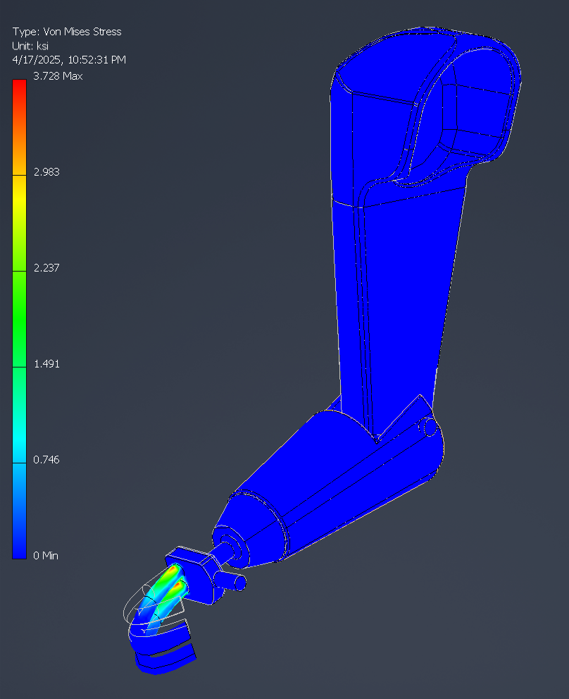 Von Mises stress plot of the full prosthetic arm in Autodesk Inventor. Almost the whole arm is blue, near zero stress, with green and yellow areas on the hook. The scale runs from 0 to 3.728 ksi.
